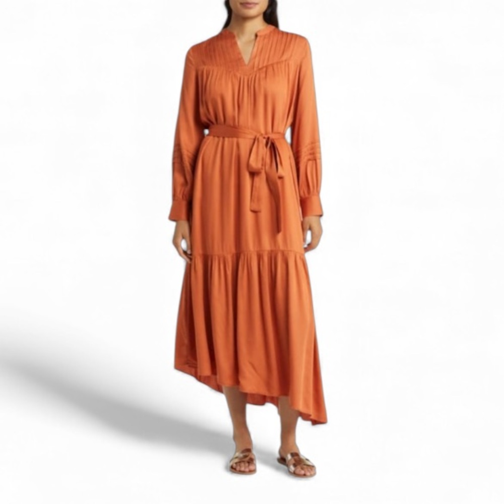 NEW DU PARADIS Puff Sleeve Midi Dress In Rust Sz XS